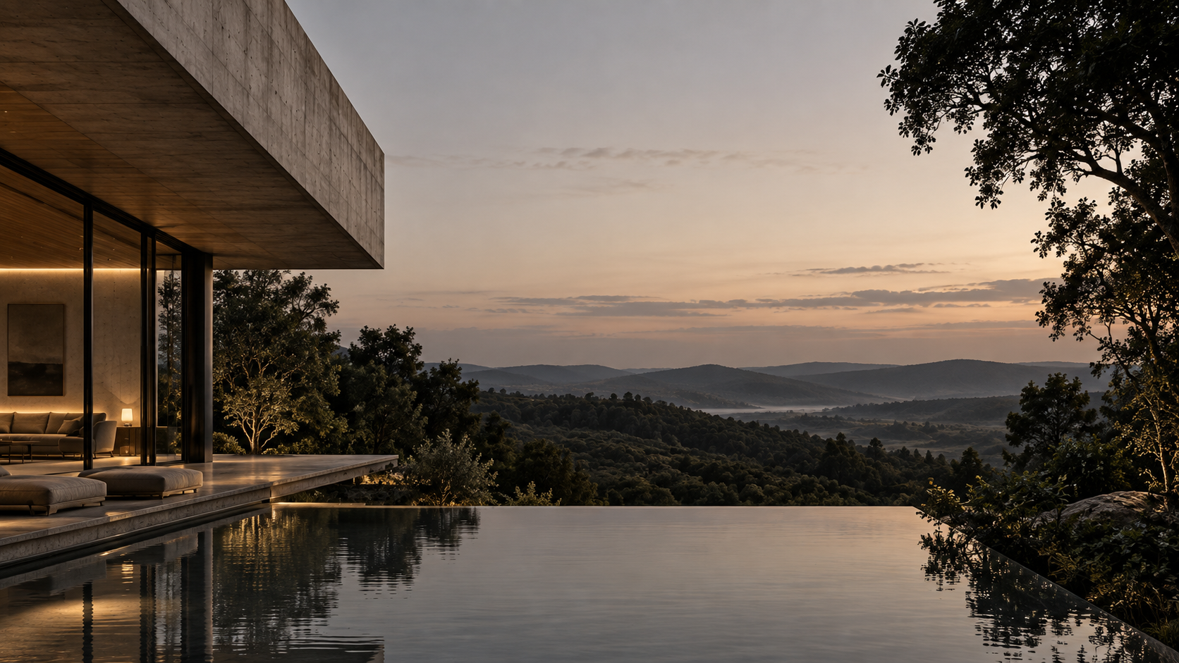 Estudo de uma casa aberta para a paisagem ao entardecer